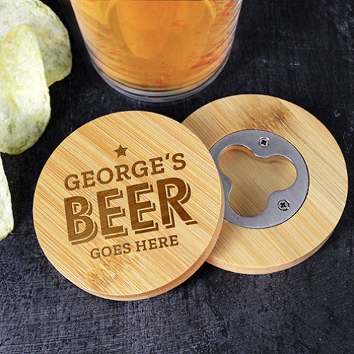 Personalised Beer Goes Here Bamboo Bottle Opener Coaster