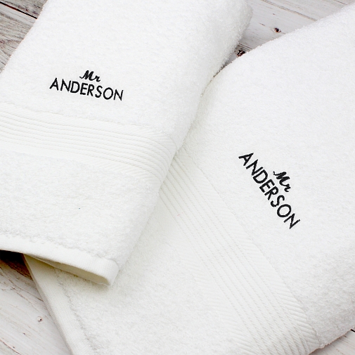 Personalised 'Mr' White Hand and Bath Towel Set
