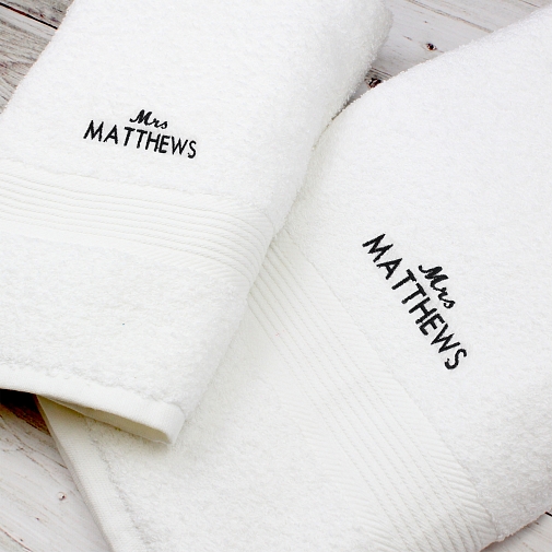 Personalised 'Mrs' White Hand and Bath Towel Set