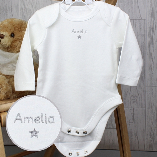 Personalised Silver Star 0-3 Months Long Sleeved Baby Vest