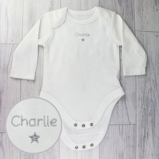 Personalised Silver Star 6-9 Months Long Sleeved Baby Vest