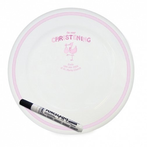 Personalised Stork Pink Christening Message Plate