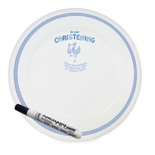 Personalised Stork Blue Christening Message Plate