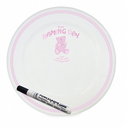 Personalised Teddy Pink Naming Day Message Plate
