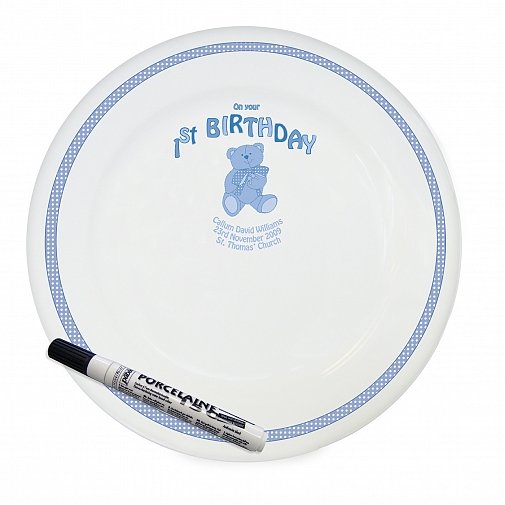 Personalised Teddy Blue 1st Birthday Message Plate