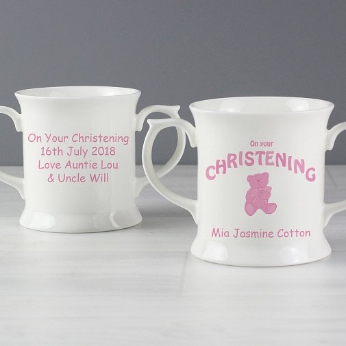 Personalised Teddy Pink Christening Loving Mug
