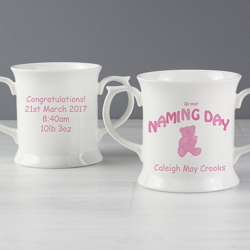 Personalised Teddy Pink Naming Day Loving Mug