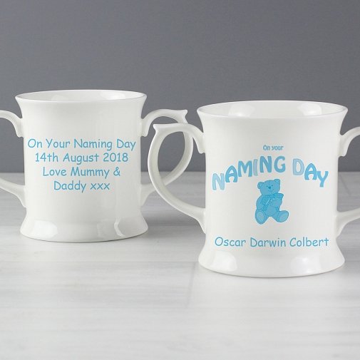 Personalised Teddy Blue Naming Day Loving Mug