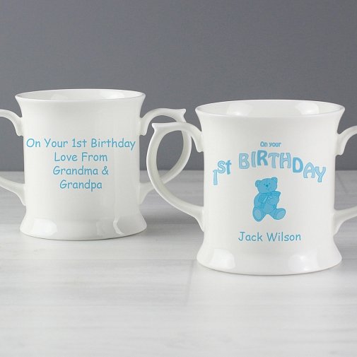 Personalised Teddy Blue 1st Birthday Loving Mug