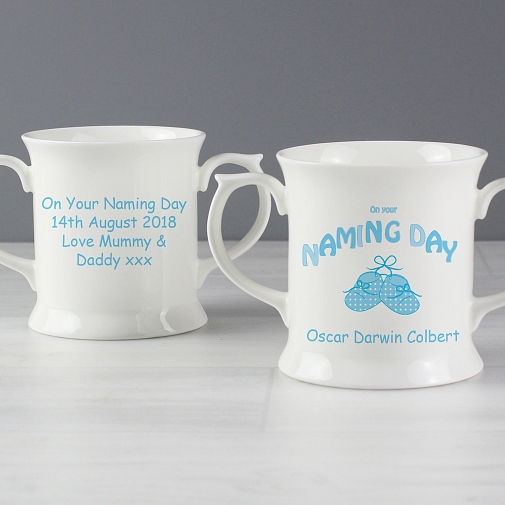 Personalised Bootee Blue Naming Day Loving Mug