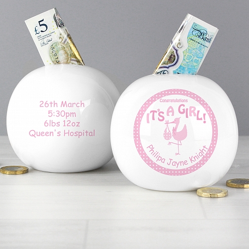 Personalised Stork Its a Girl Money Box