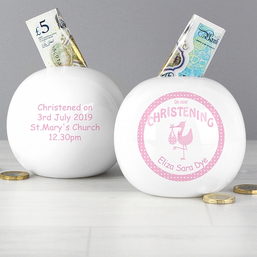 Personalised Stork Pink Christening Money Box