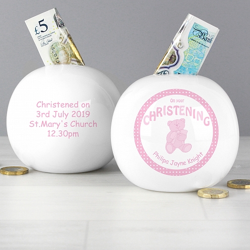 Personalised Teddy Pink Christening  Money Box