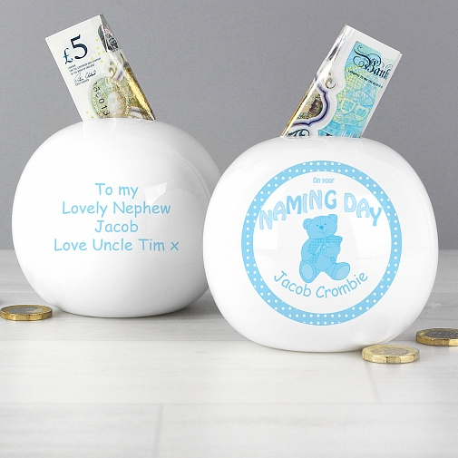 Personalised Teddy Blue Naming Money Box