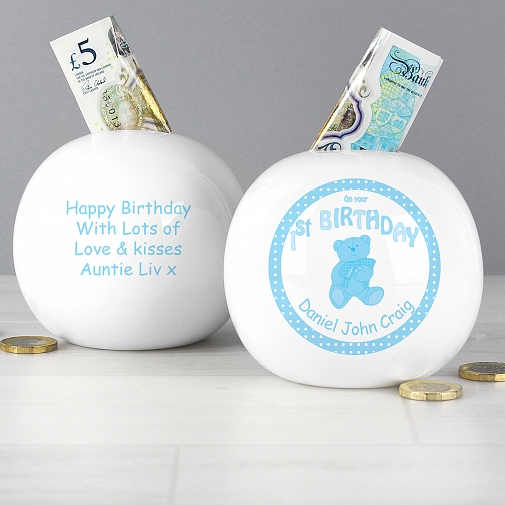 Personalised Teddy Blue 1st Birthday Money Box