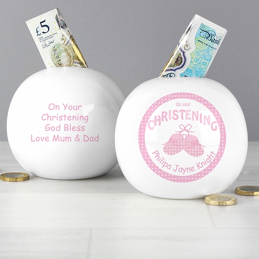 Personalised Bootee Pink Christening Money Box