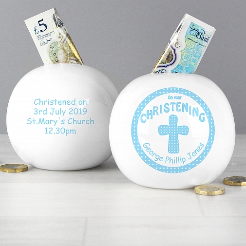 Personalised Cross Blue Christening Money Box