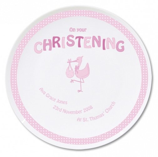 Personalised Stork Pink Christening Plate