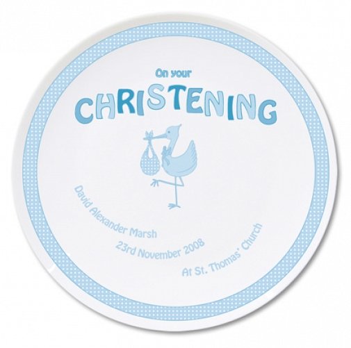 Personalised Stork Blue Christening Plate