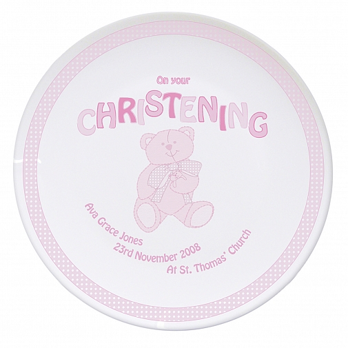 Personalised Teddy Pink Christening Plate