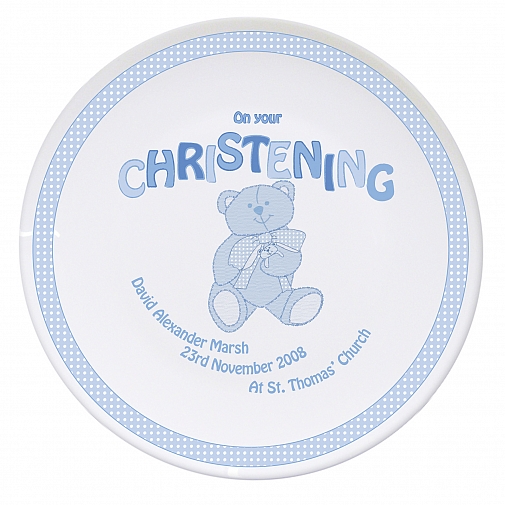 Personalised Teddy Blue Christening Plate