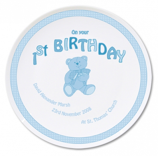 Personalised Teddy Blue 1st Birthday Plate