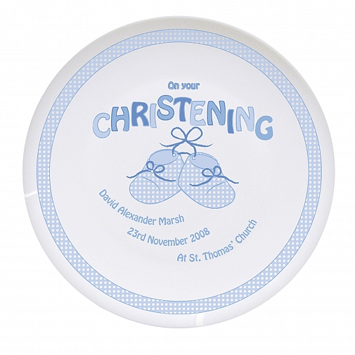 Personalised Bootee Blue Christening Plate