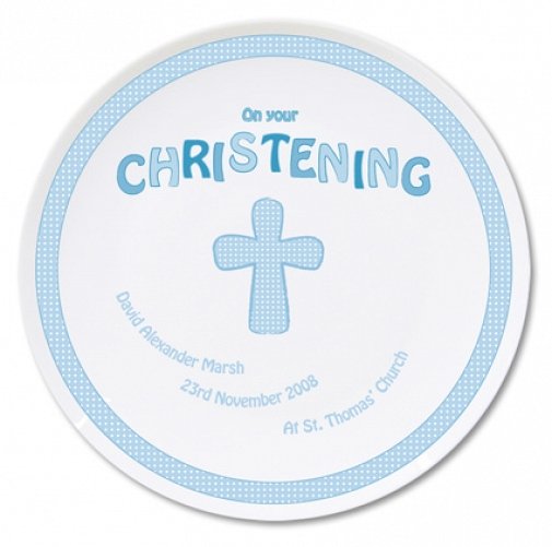 Personalised Cross Blue Christening Plate
