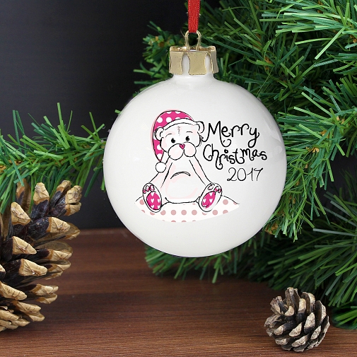 Personalised Cute Teddy Merry Xmas Bauble