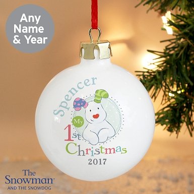 Personalised The Snowman and the Snowdog Christmas Blue Bauble