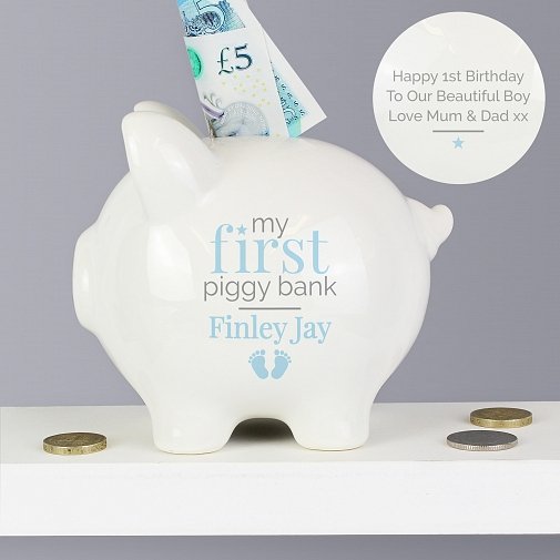Personalised Blue My First Piggy Bank