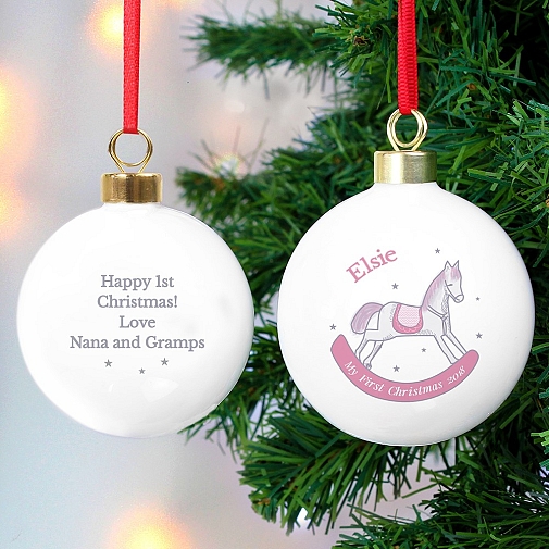 Personalised 1st Christmas Pink Rocking Horse Bauble