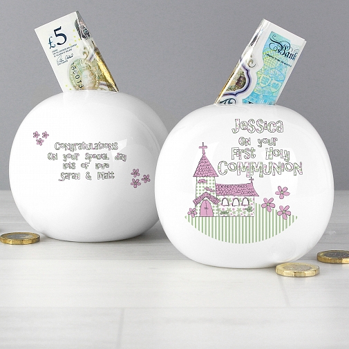 Personalised Whimsical Church Pink 1st Holy Communion Money Box