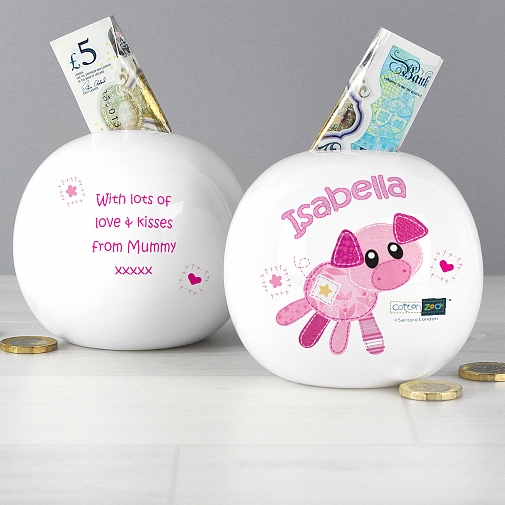 Personalised Cotton Zoo Organza the Piglet Money Box