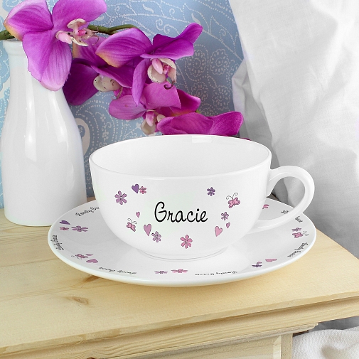 Personalised Flowers and Butterflies Teacup & Saucer