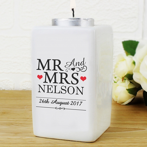 Personalised Mr & Mrs Ceramic Tea Light Candle Holder
