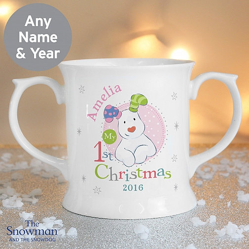 Personalised The Snowman Christmas Pink Mug
