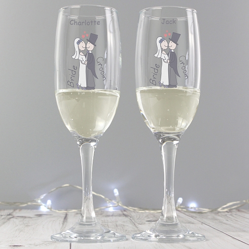 Personalised Cartoon Couples Pair of Flutes with Gift Box