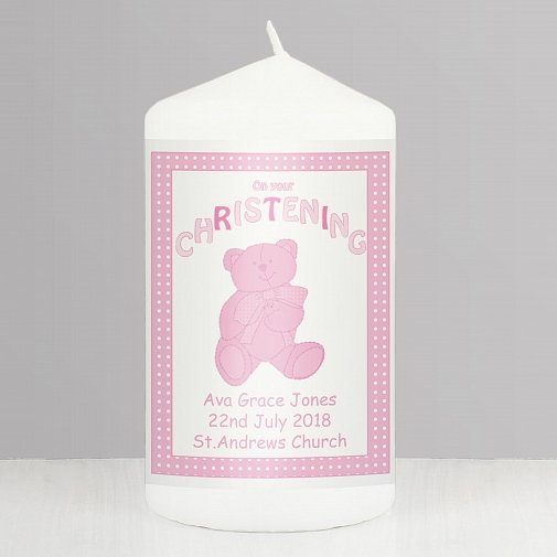 Personalised Teddy Pink Christening Candle