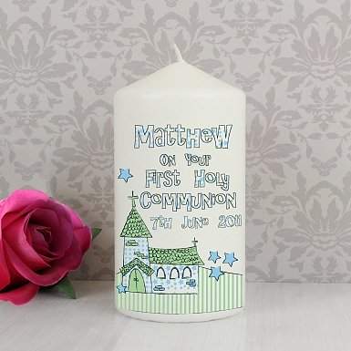 Personalised Whimsical Church Blue 1st Holy Communion Candle