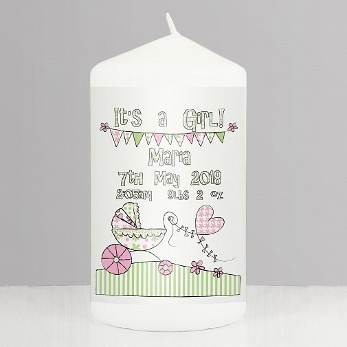 Personalised Whimsical Pram Its a Girl Candle