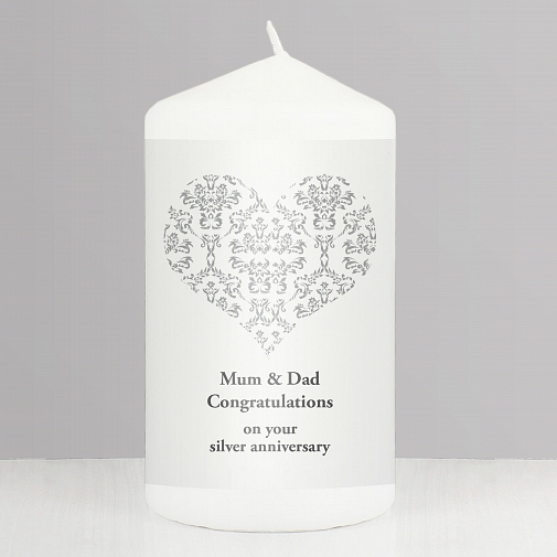 Personalised Silver Damask Heart Candle