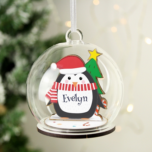 Personalised Wooden Penguin Glass Bauble