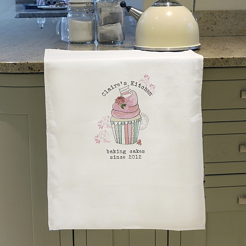 Personalised Vintage Pastel Cupcake White Tea Towel