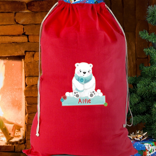 Personalised Polar Bear  Red Cotton Sack