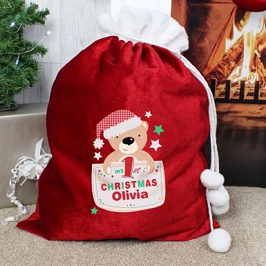 Personalised Pocket Teddy My 1st Christmas Pom Pom Sack