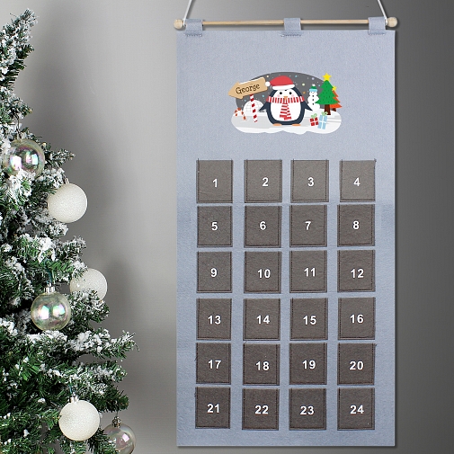 Personalised Christmas Penguin Advent Calendar In Silver Grey