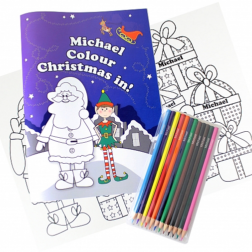 Personalised Its Christmas Elf Colouring Book with Pencil Crayons