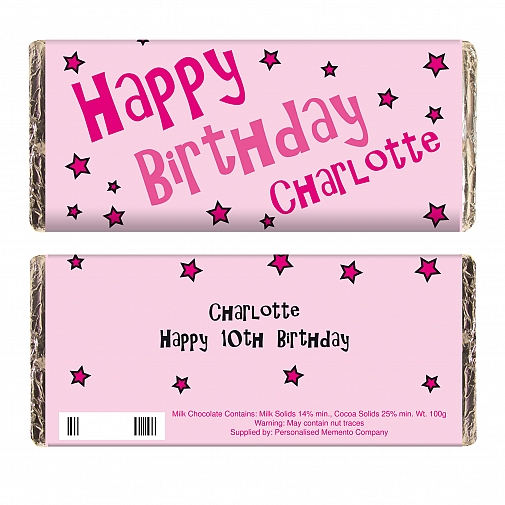 Personalised Happy Birthday Pink Stars Milk Chocolates Bar