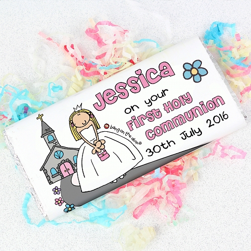 Personalised Bang On The Door First Holy Communion Girls Milk Chocolates Bar